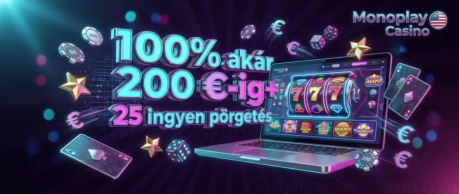 100% akár 200 €-ig+ 25 ingyen pörgetés